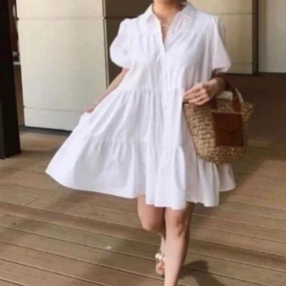 Zara Flounce Mini Dress Tiered Baby Doll Puff Sleeve Sz XL - Picture 13 of 13